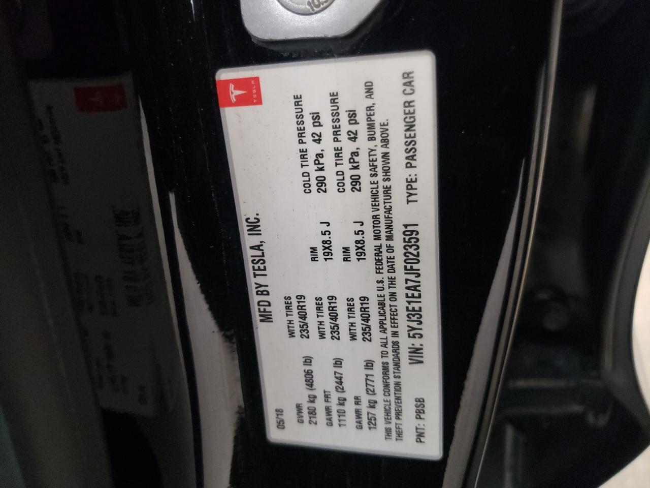 Photo 10 from auction – 2018 TESLA MODEL 3 with VIN 5YJ3E1EA7JF023591