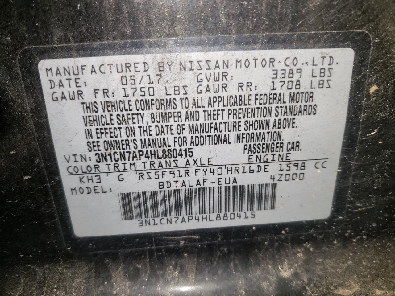 Photo 10 from auction – 2017 NISSAN VERSA S with VIN 3N1CN7AP4HL880415