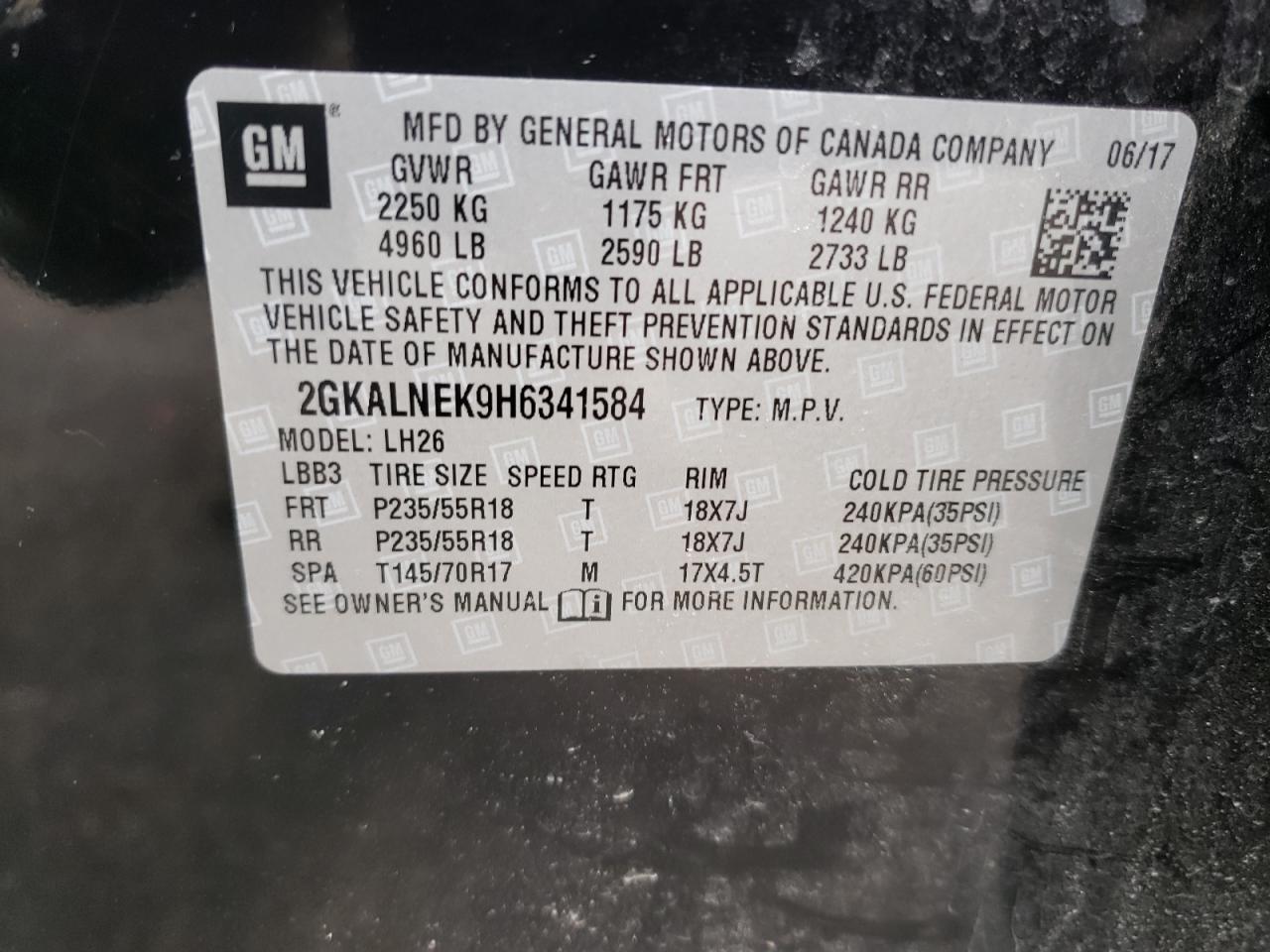 Photo 10 from auction – 2017 GMC TERRAIN SL with VIN 2GKALNEK9H6341584