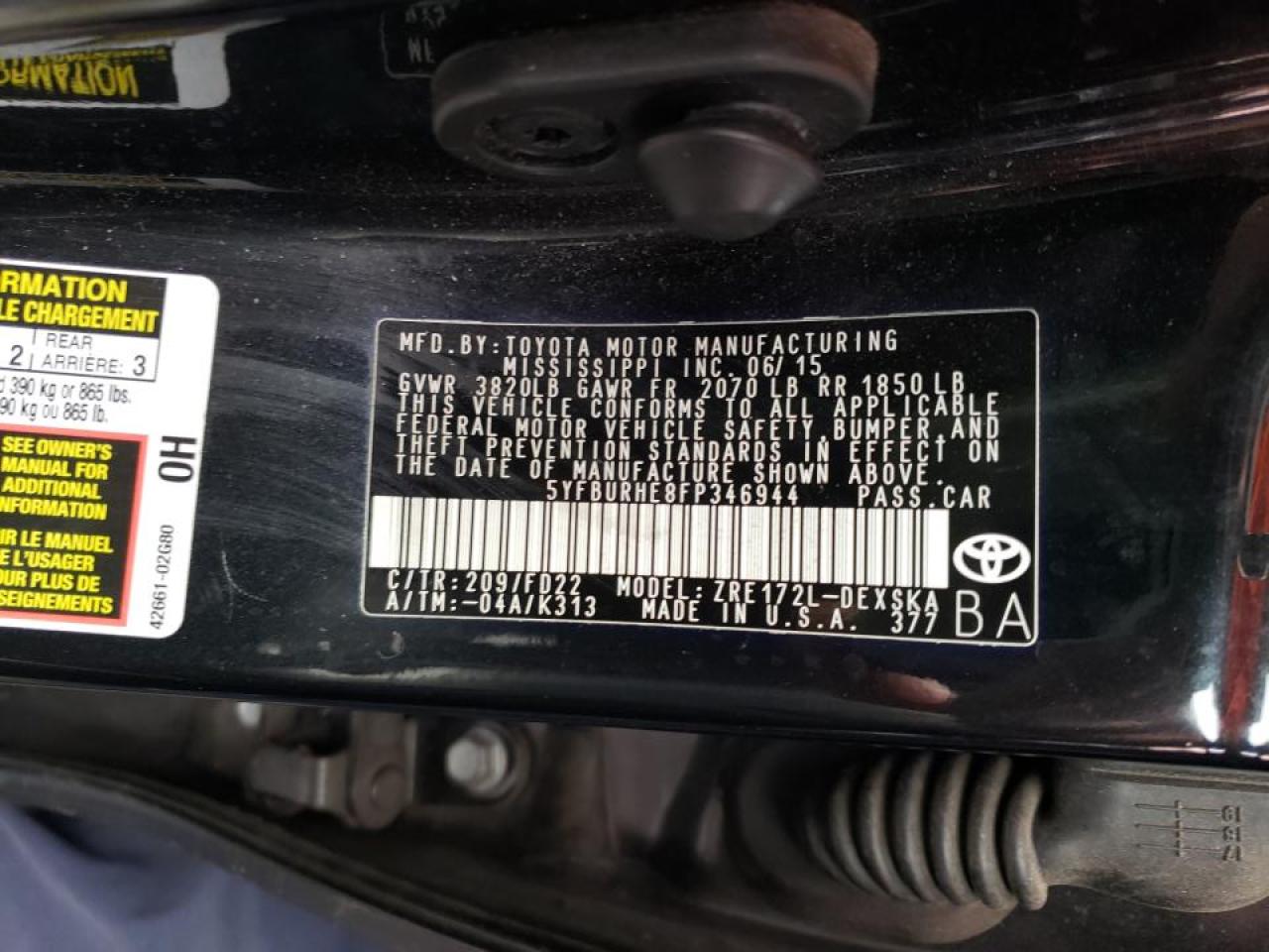 Photo 10 from auction – 2015 TOYOTA COROLLA L with VIN 5YFBURHE8FP346944