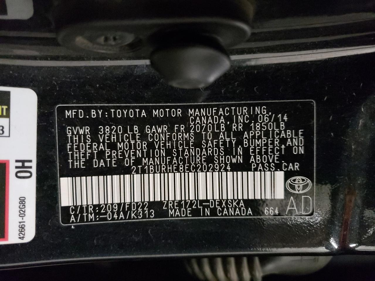 Photo 10 from auction – 2014 TOYOTA COROLLA L with VIN 2T1BURHE8EC202924