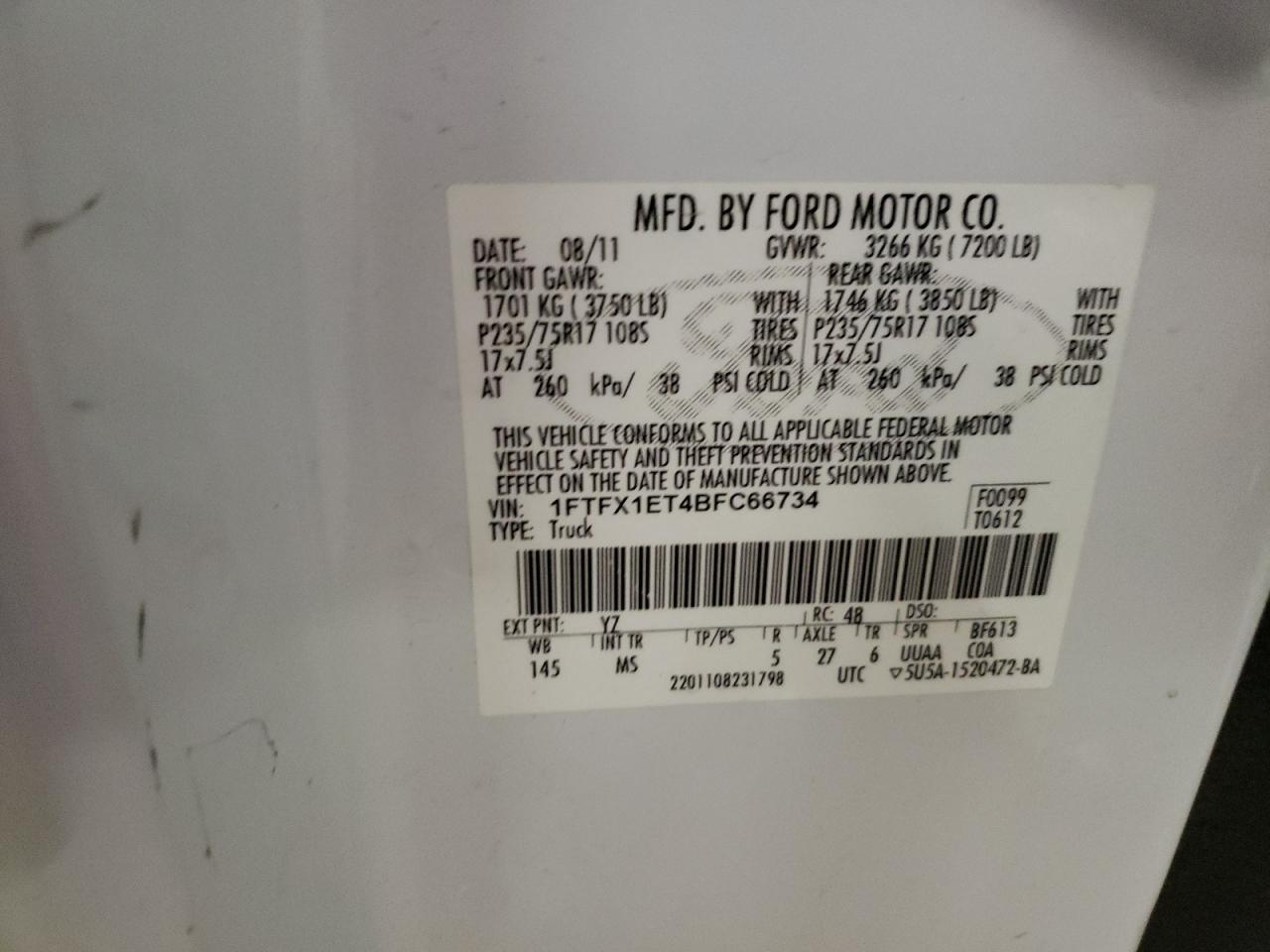 Photo 10 from auction – 2011 FORD F150 SUPER with VIN 1FTFX1ET4BFC66734