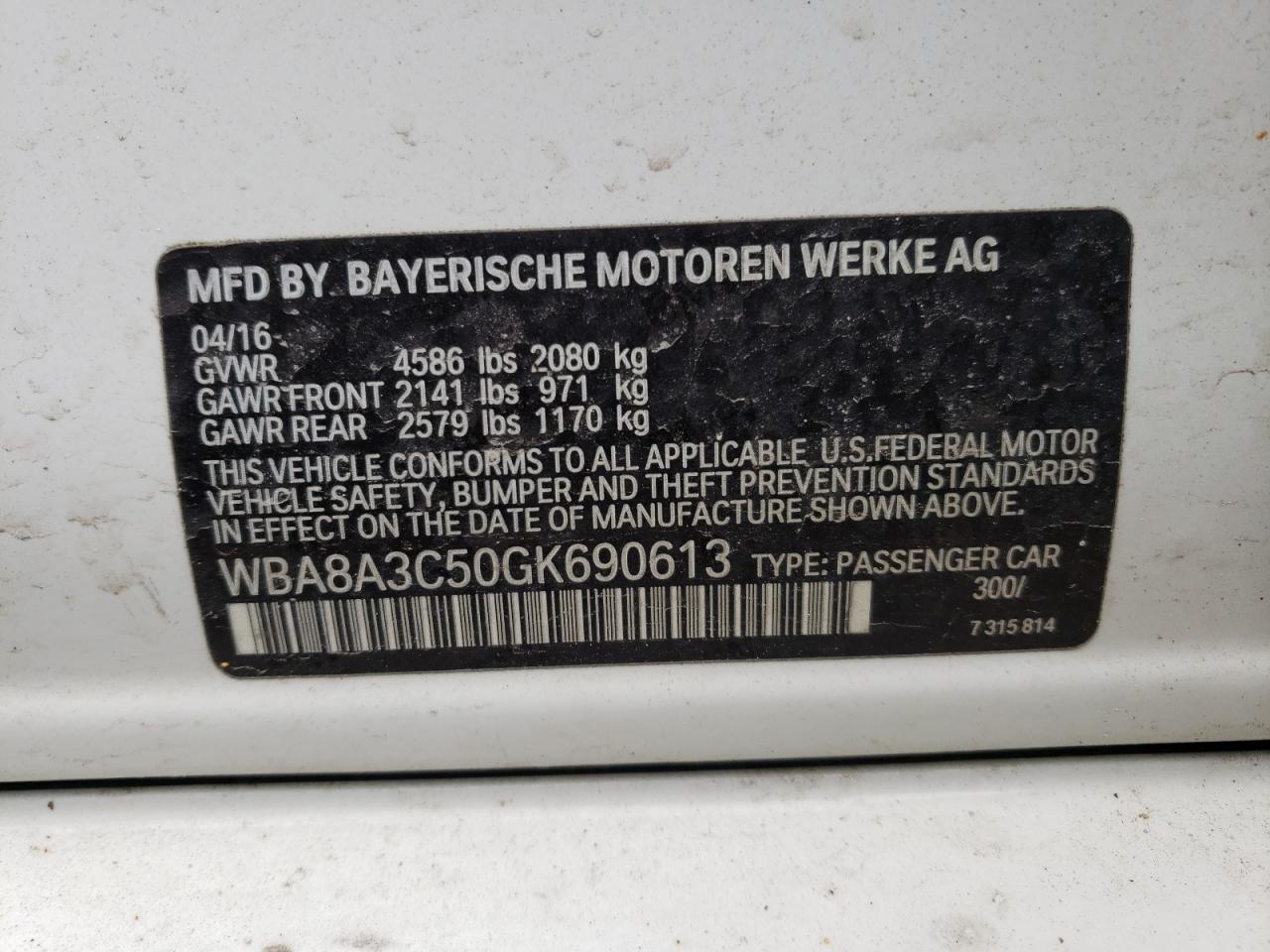 Photo 10 from auction – 2016 BMW 320 XI with VIN WBA8A3C50GK690613