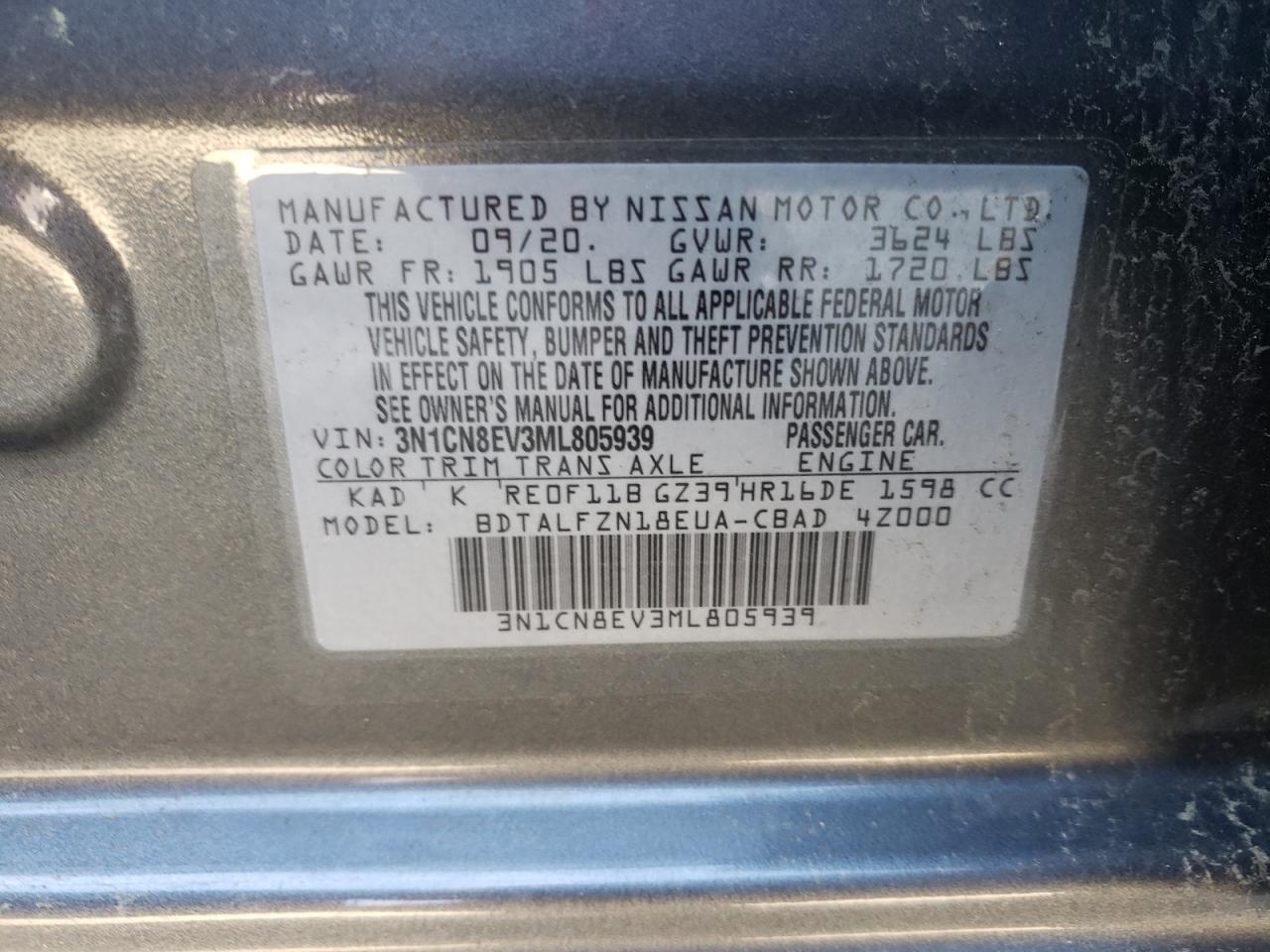 Photo 10 from auction – 2021 NISSAN VERSA SV with VIN 3N1CN8EV3ML805939
