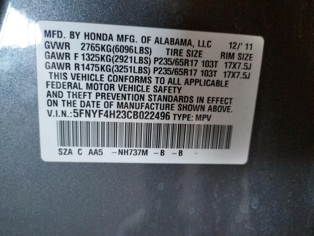 Photo 10 from auction – 2012 HONDA PILOT LX with VIN 5FNYF4H23CB022496