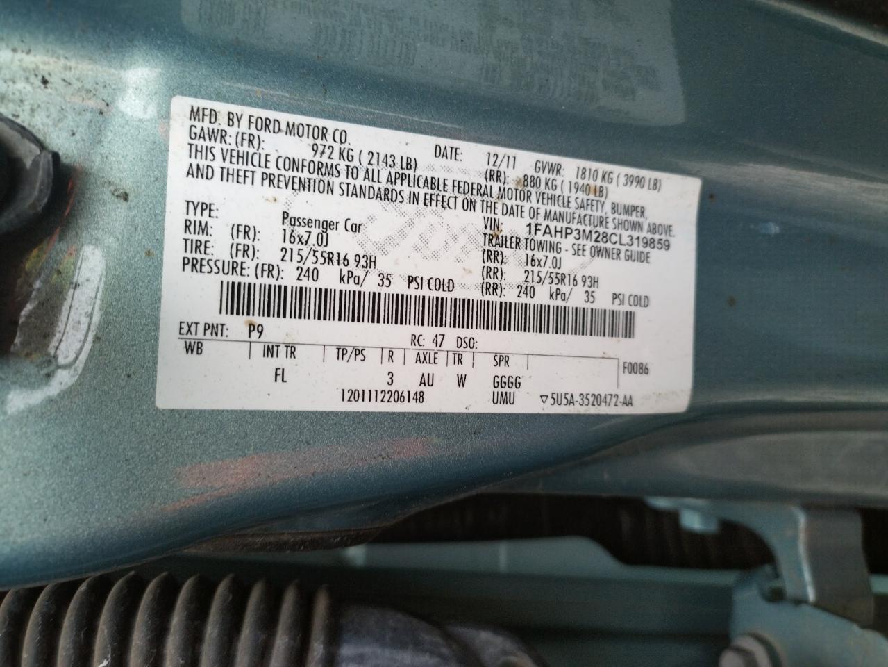 Photo 10 from auction – 2012 FORD FOCUS SEL with VIN 1FAHP3M28CL319859