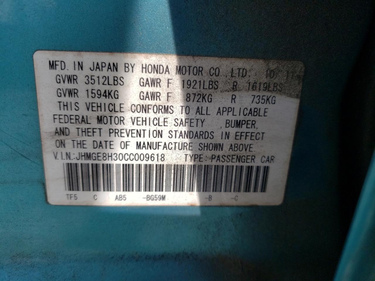 Photo 10 from auction – 2012 HONDA FIT with VIN JHMGE8H30CC009618