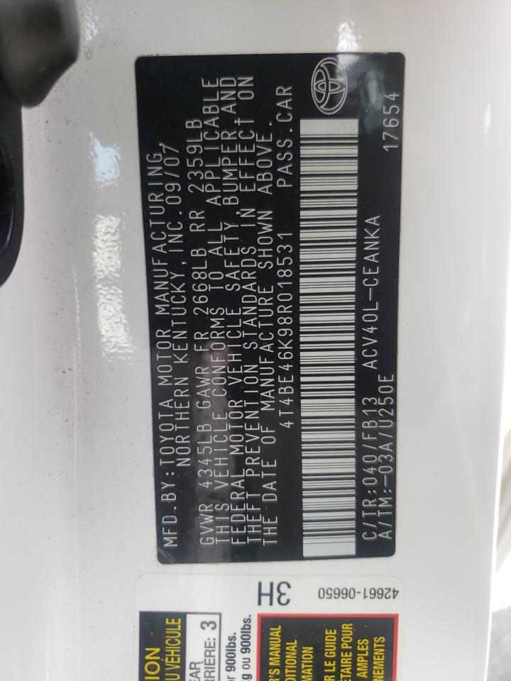 Photo 10 from auction – 2008 TOYOTA CAMRY CE with VIN 4T4BE46K98R018531