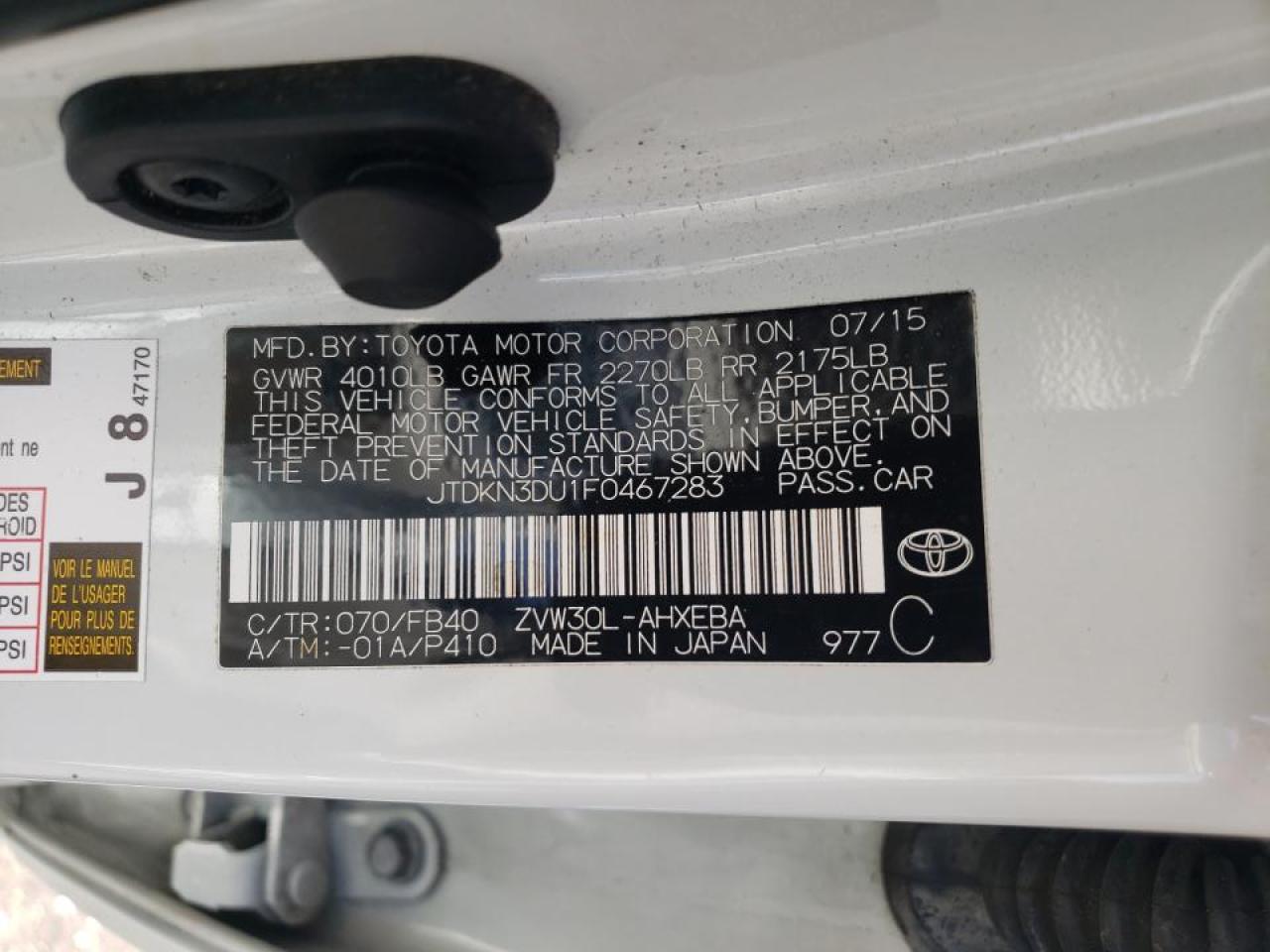 Photo 10 from auction – 2015 TOYOTA PRIUS with VIN JTDKN3DU1F0467283