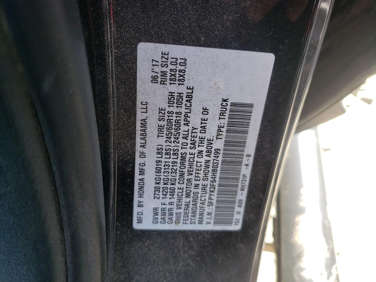 Photo 10 from auction – 2017 HONDA RIDGELINE with VIN 5FPYK3F64HB037499