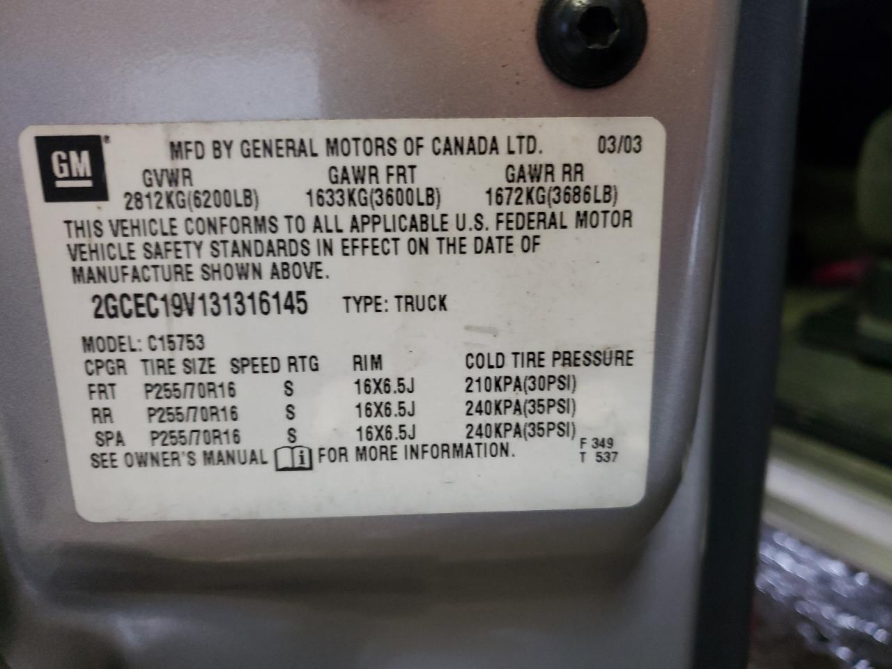 Photo 10 from auction – 2003 CHEVROLET silverado with VIN 2GCEC19V131316145