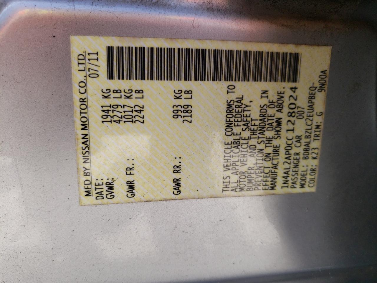 Photo 10 from auction – 2012 NISSAN ALTIMA BAS with VIN 1N4AL2AP0CC128024