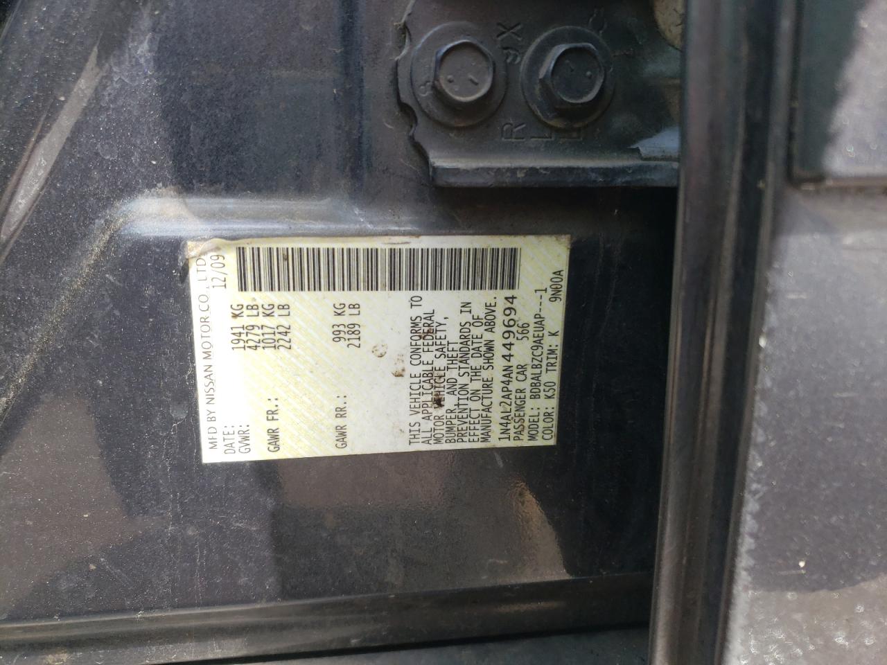 Photo 10 from auction – 2010 NISSAN ALTIMA BAS with VIN 1N4AL2AP4AN449694