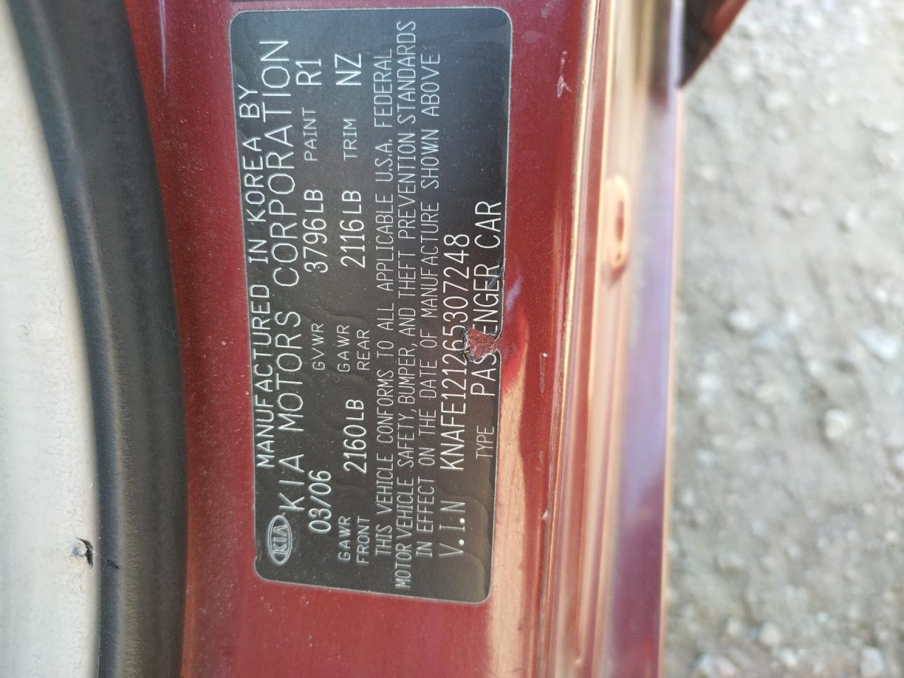 Photo 10 from auction – 2006 KIA SPECTRA LX with VIN KNAFE121265307248