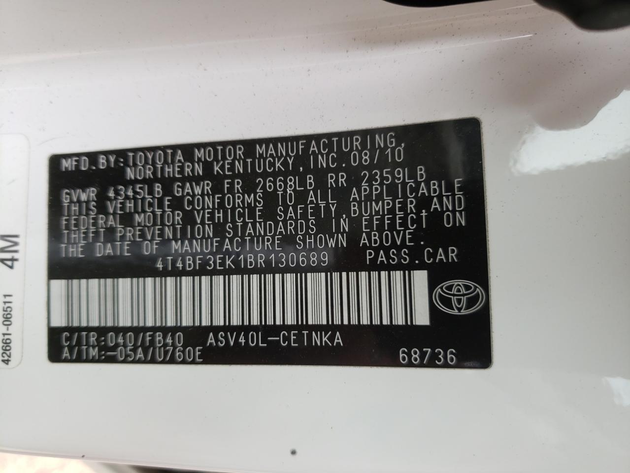 Photo 10 from auction – 2011 TOYOTA CAMRY BASE with VIN 4T4BF3EK1BR130689