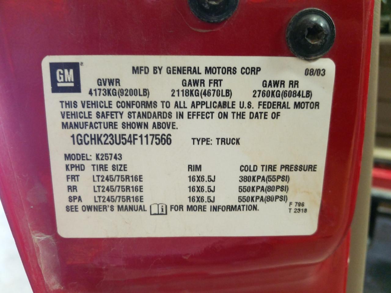 Photo 10 from auction – 2004 CHEVROLET SILVERADO with VIN 1GCHK23U54F117566