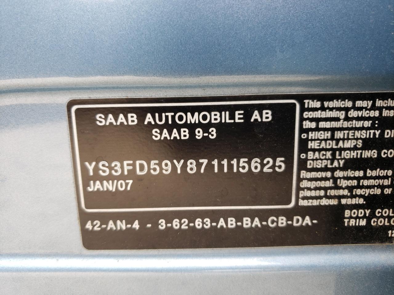 Photo 10 from auction – 2007 SAAB 9-3 2.0T with VIN YS3FD59Y871115625