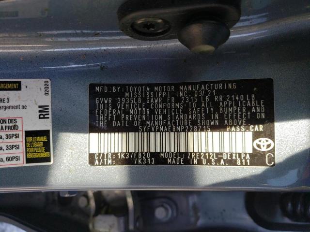 Photo 10 from auction – 2021 TOYOTA COROLLA LE with VIN 5YFVPMAE8MP228715