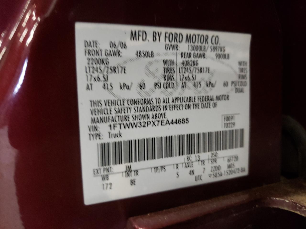Photo 10 from auction – 2007 FORD F350 SUPER with VIN 1FTWW32PX7EA44685