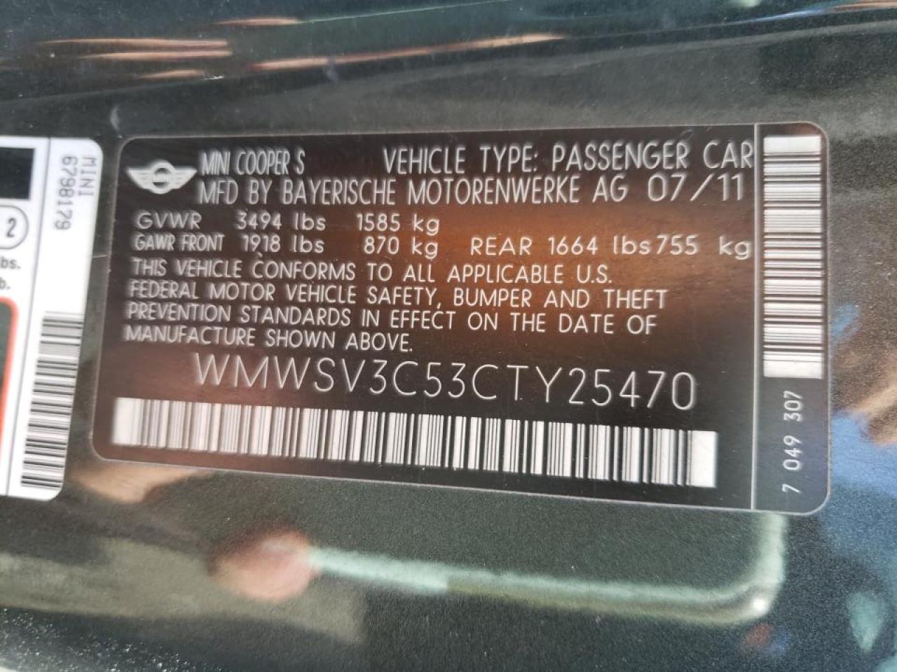 Photo 10 from auction – 2012 MINI COOPER S with VIN WMWSV3C53CTY25470
