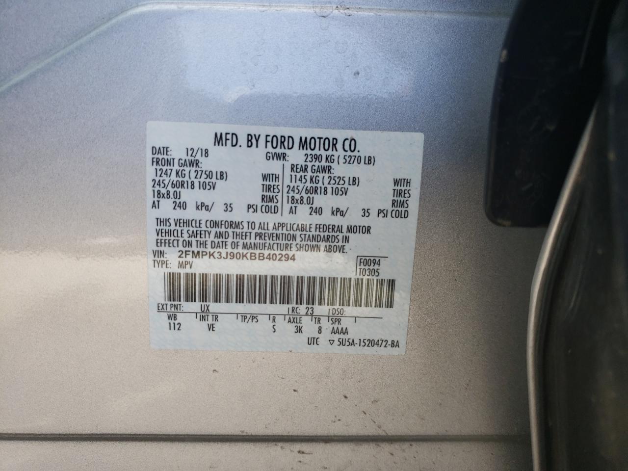 Photo 10 from auction – 2019 FORD EDGE SEL with VIN 2FMPK3J90KBB40294
