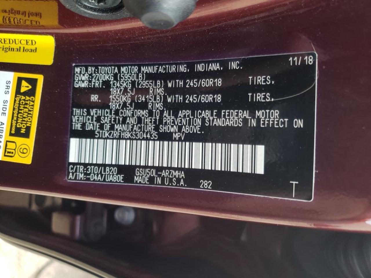 Photo 10 from auction – 2019 TOYOTA HIGHLANDER with VIN 5TDKZRFH8KS304435