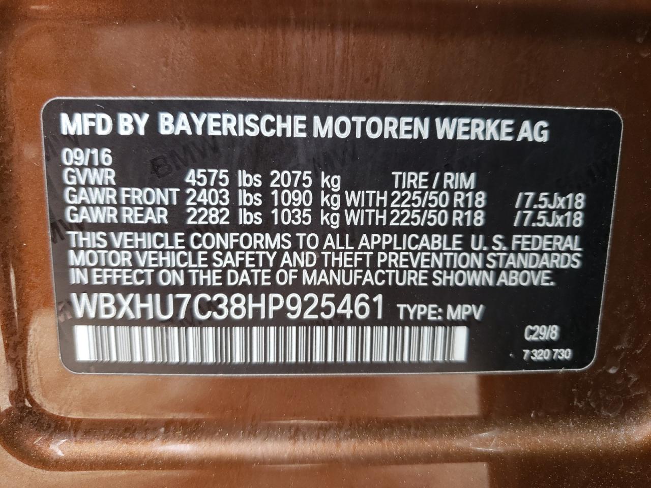 Photo 10 from auction – 2017 BMW X1 SDRIVE2 with VIN WBXHU7C38HP925461
