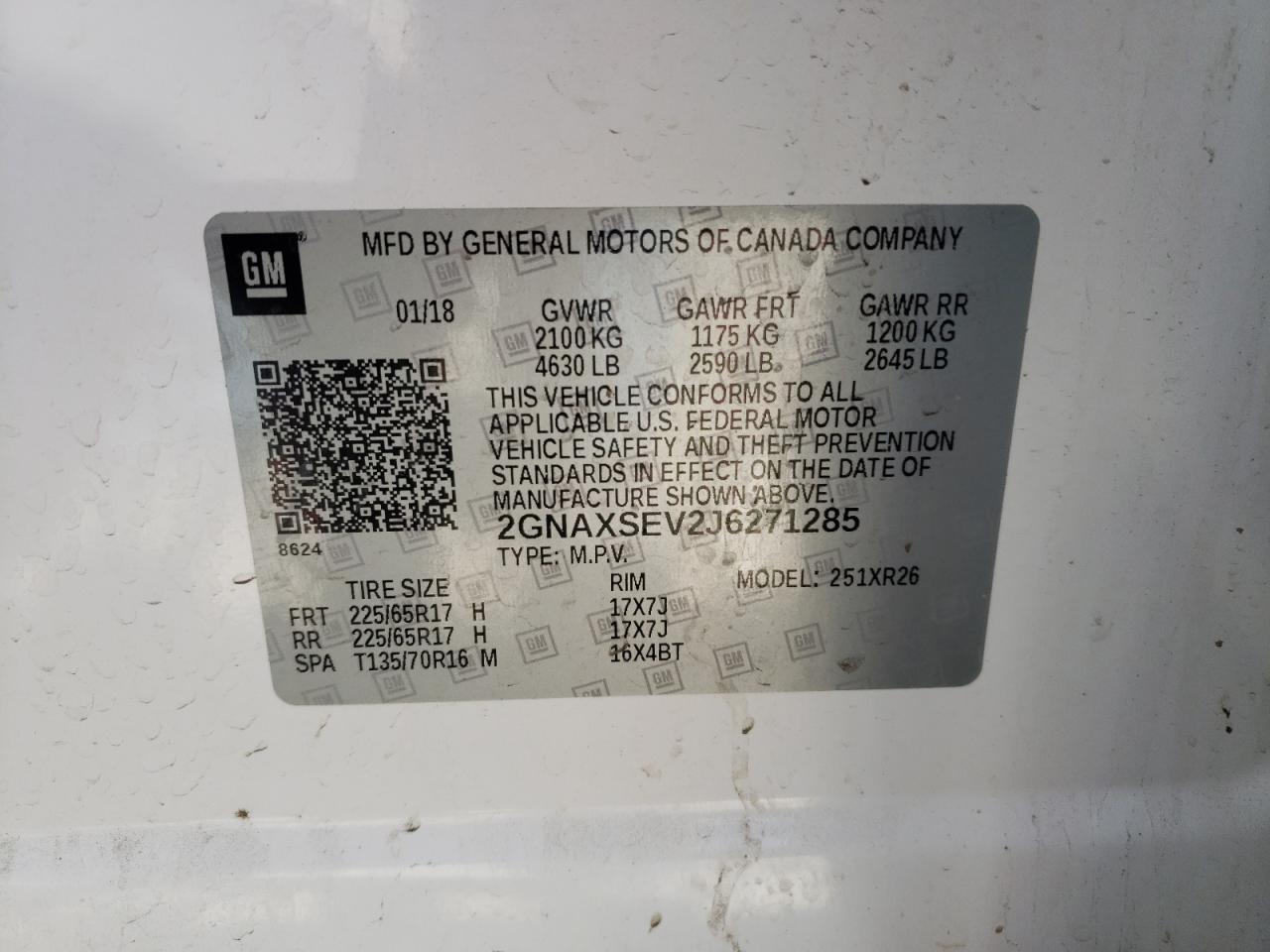 Photo 10 from auction – 2018 CHEVROLET EQUINOX LT with VIN 2GNAXSEV2J6271285