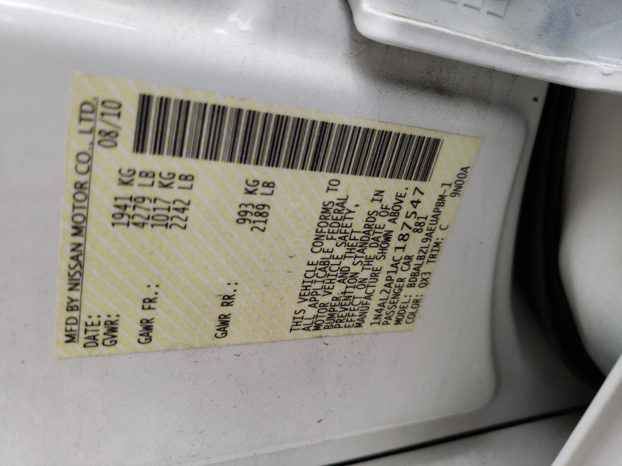 Photo 10 from auction – 2010 NISSAN ALTIMA BAS with VIN 1N4AL2AP1AC187547