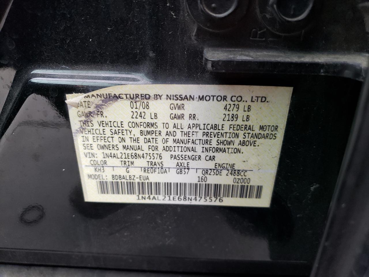 Photo 10 from auction – 2008 NISSAN ALTIMA 2.5 with VIN 1N4AL21E68N475576
