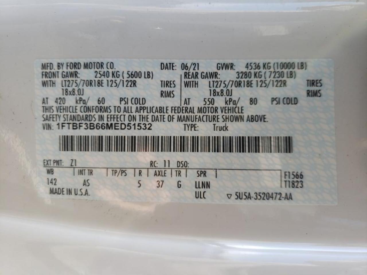 Photo 10 from auction – 2021 FORD F350 SUPER with VIN 1FTBF3B66MED51532