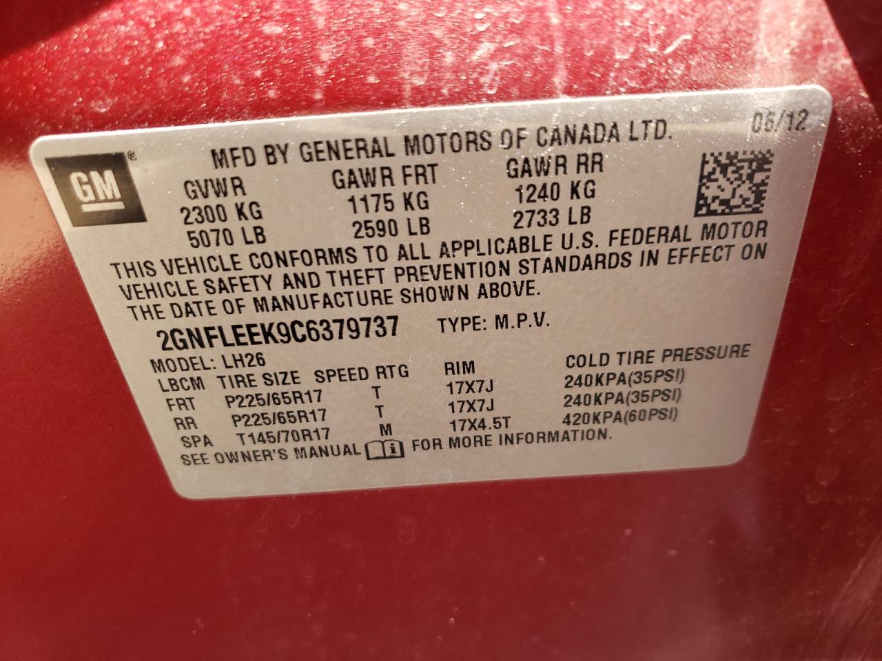 Photo 10 from auction – 2012 CHEVROLET EQUINOX LT with VIN 2GNFLEEK9C6379737