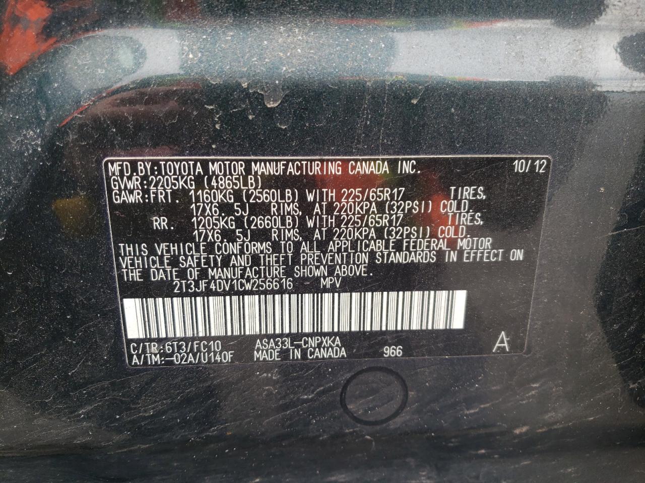 Photo 10 from auction – 2012 TOYOTA RAV4 with VIN 2T3JF4DV1CW256616