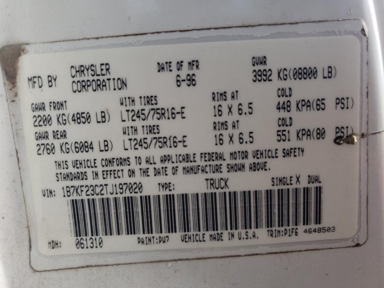 Photo 10 from auction – 1996 DODGE RAM 2500 with VIN 1B7KF23C2TJ197020