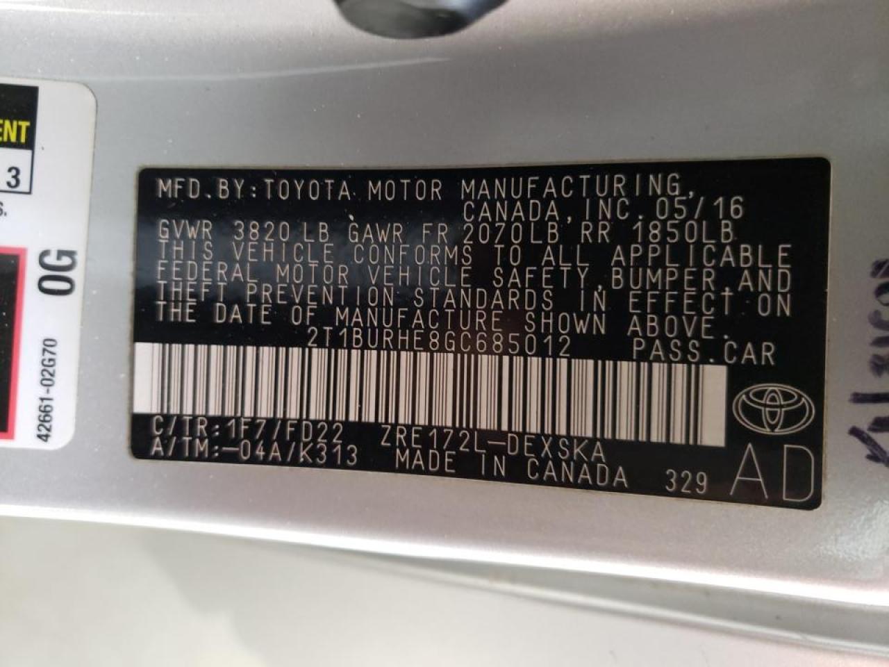 Photo 10 from auction – 2016 TOYOTA COROLLA L with VIN 2T1BURHE8GC685012