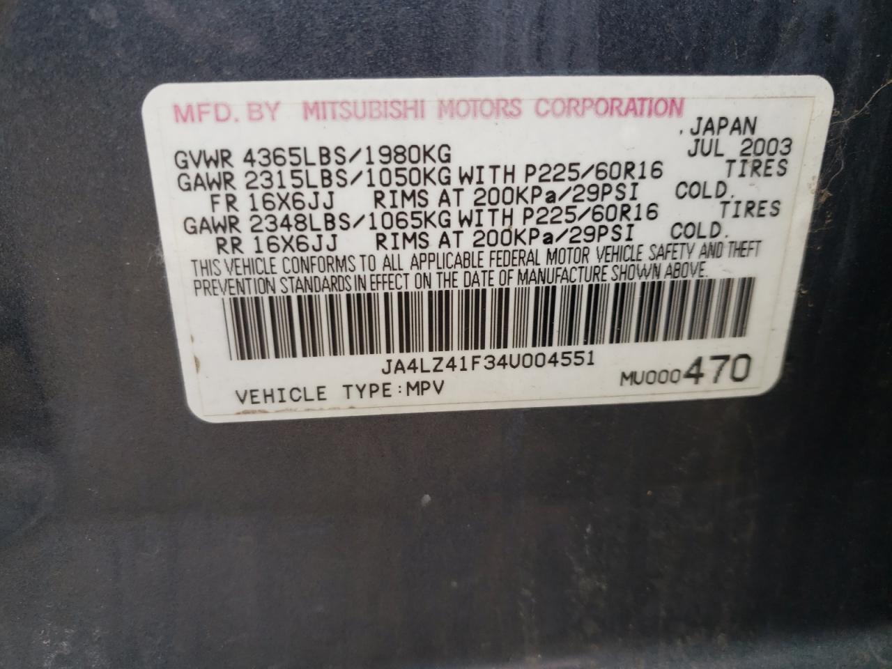 Photo 10 from auction – 2004 MITSUBISHI OUTLANDER with VIN JA4LZ41F34U004551