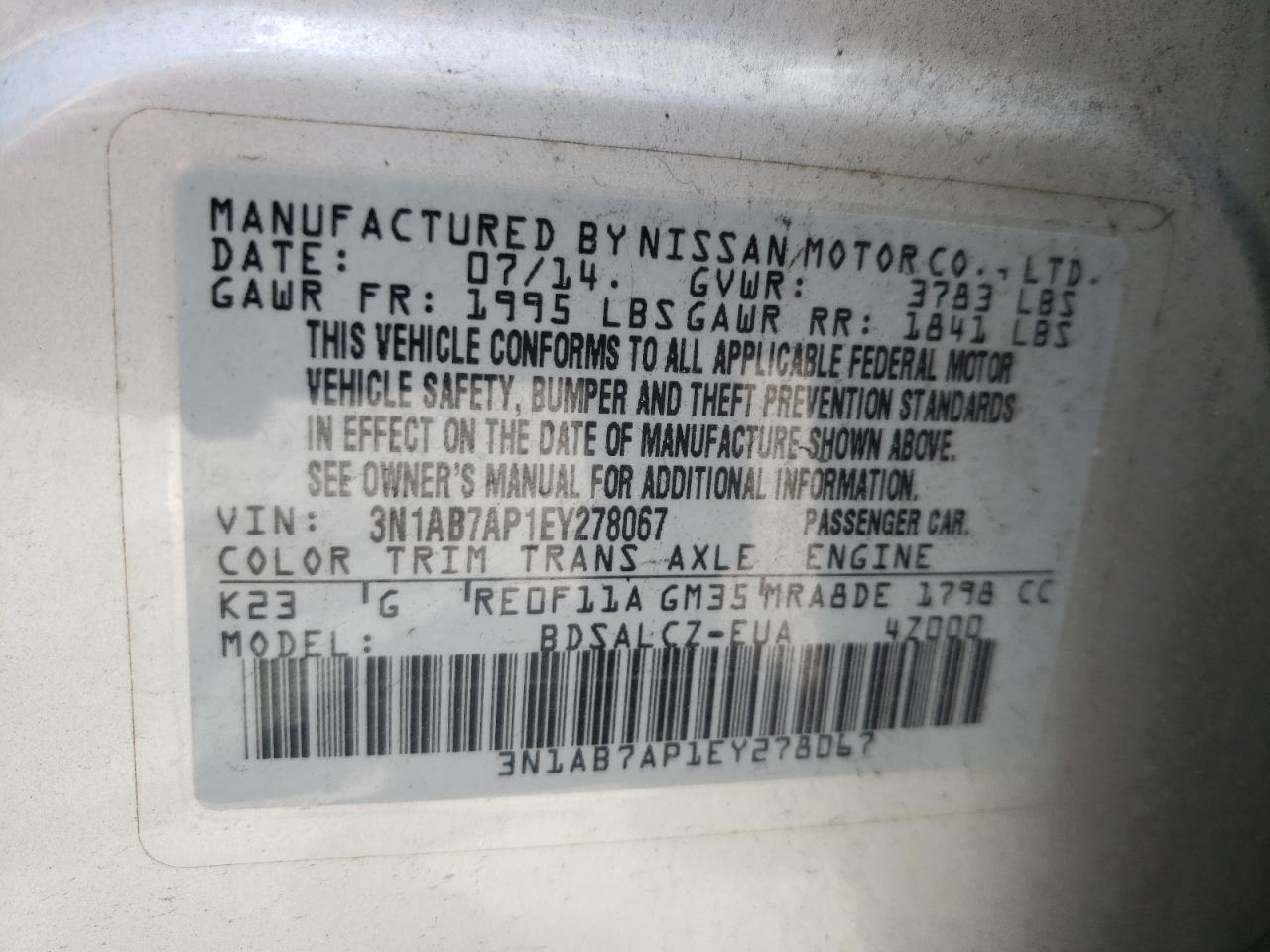 Photo 10 from auction – 2014 NISSAN SENTRA S with VIN 3N1AB7AP1EY278067