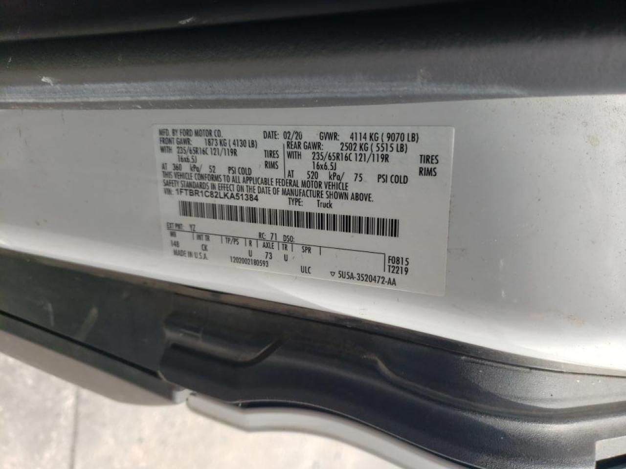 Photo 10 from auction – 2020 FORD TRANSIT T- with VIN 1FTBR1C82LKA51384