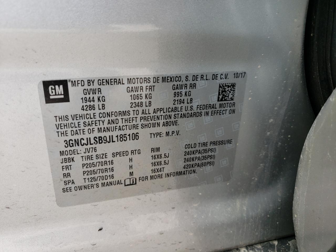 Photo 10 from auction – 2018 CHEVROLET TRAX 1LT with VIN 3GNCJLSB9JL185106