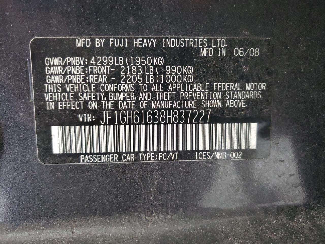 Photo 10 from auction – 2008 SUBARU IMPREZA 2. with VIN JF1GH61638H837227