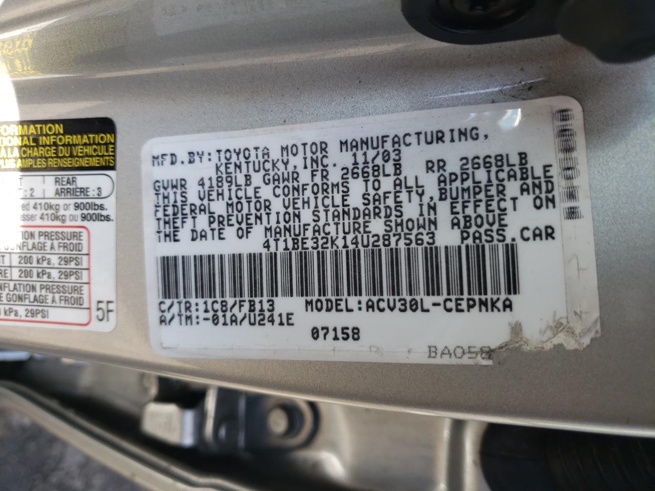Photo 10 from auction – 2004 TOYOTA CAMRY LE with VIN 4T1BE32K14U287563