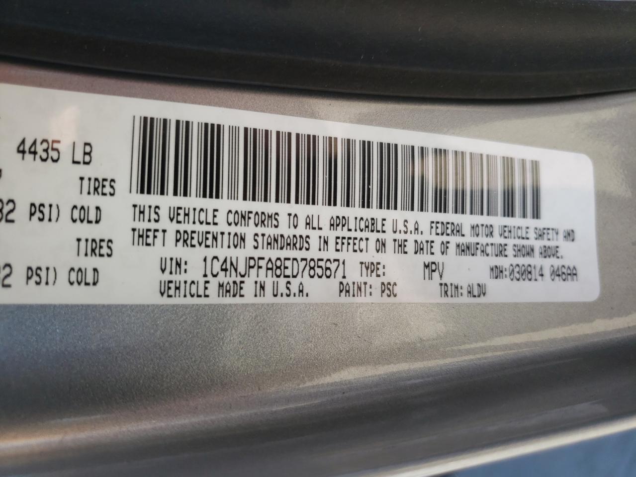 Photo 10 from auction – 2014 JEEP PATRIOT LA with VIN 1C4NJPFA8ED785671
