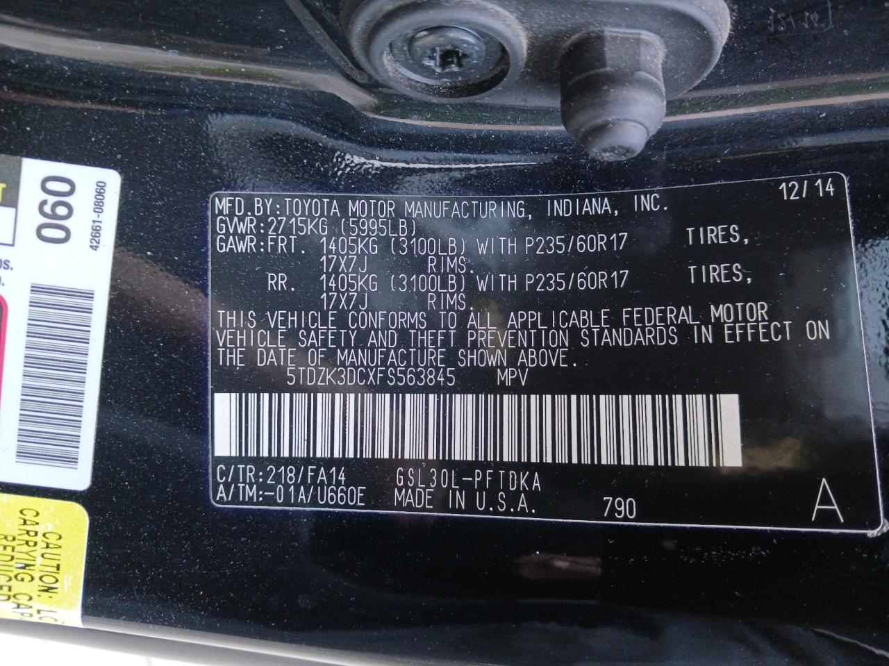 Photo 10 from auction – 2015 TOYOTA SIENNA with VIN 5TDZK3DCXFS563845