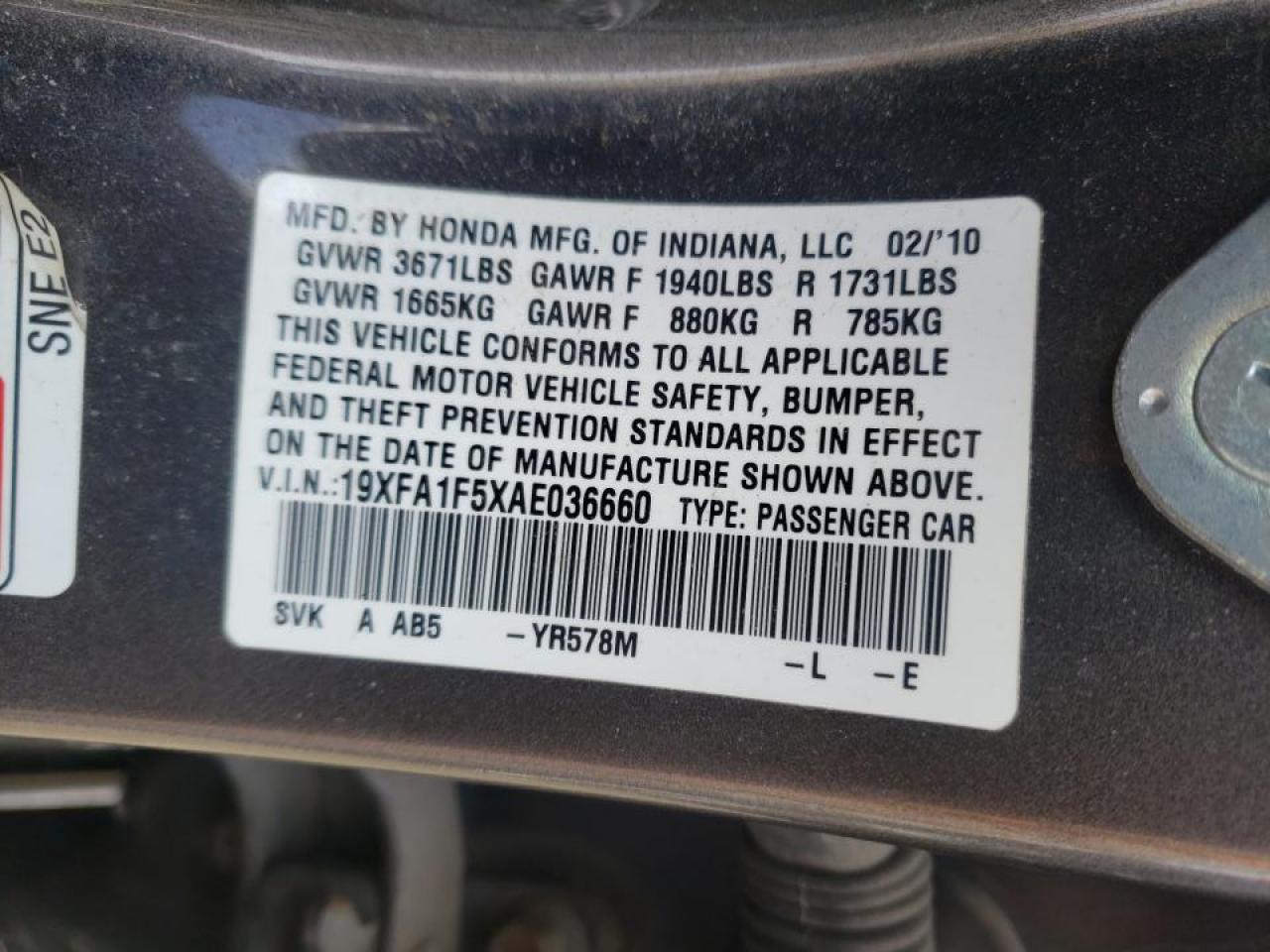 Photo 10 from auction – 2010 HONDA CIVIC LX with VIN 19XFA1F5XAE036660