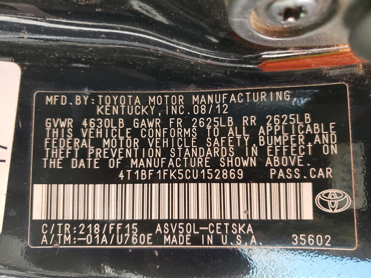 Photo 10 from auction – 2012 TOYOTA CAMRY BASE with VIN 4T1BF1FK5CU152869