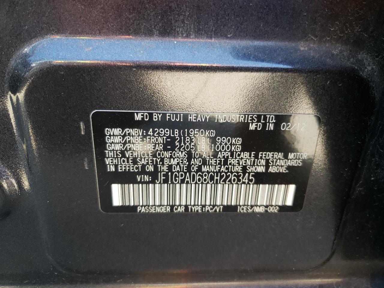 Photo 10 from auction – 2012 SUBARU IMPREZA PR with VIN JF1GPAD68CH226345