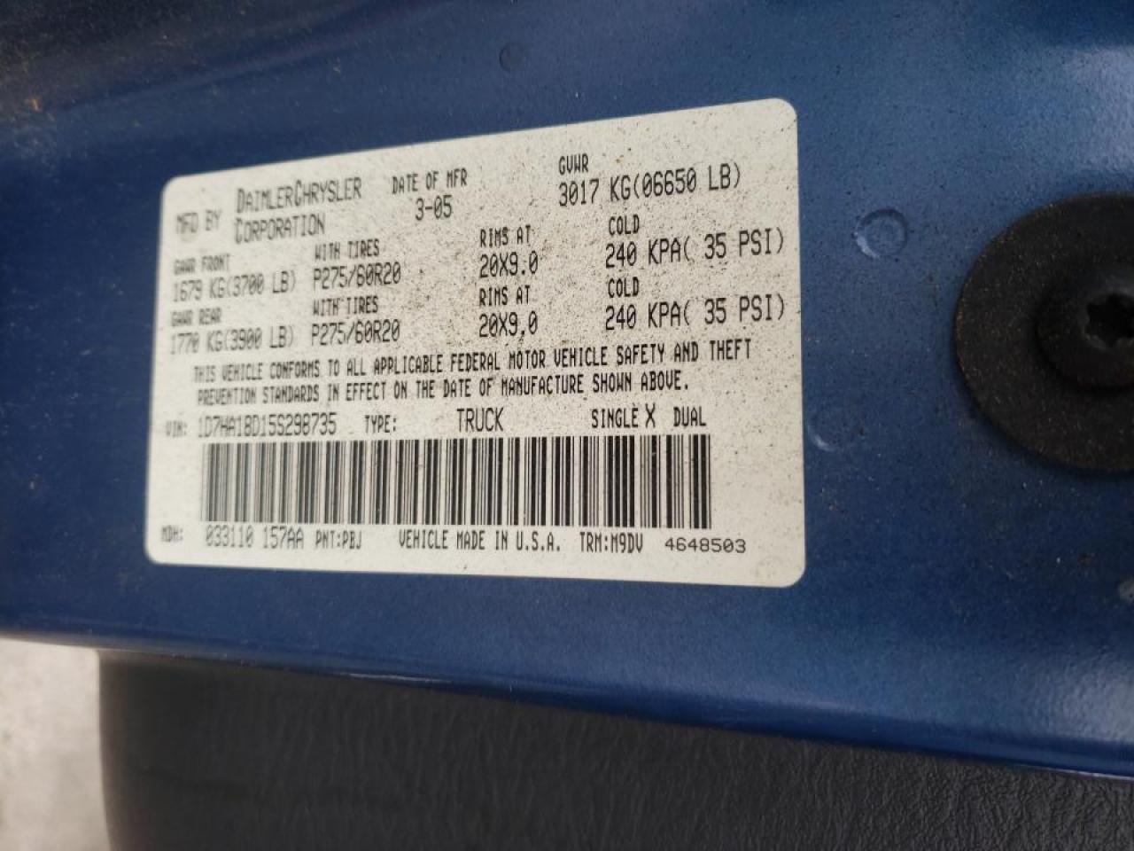 Photo 10 from auction – 2005 DODGE RAM 1500 S with VIN 1D7HA18D15S298735