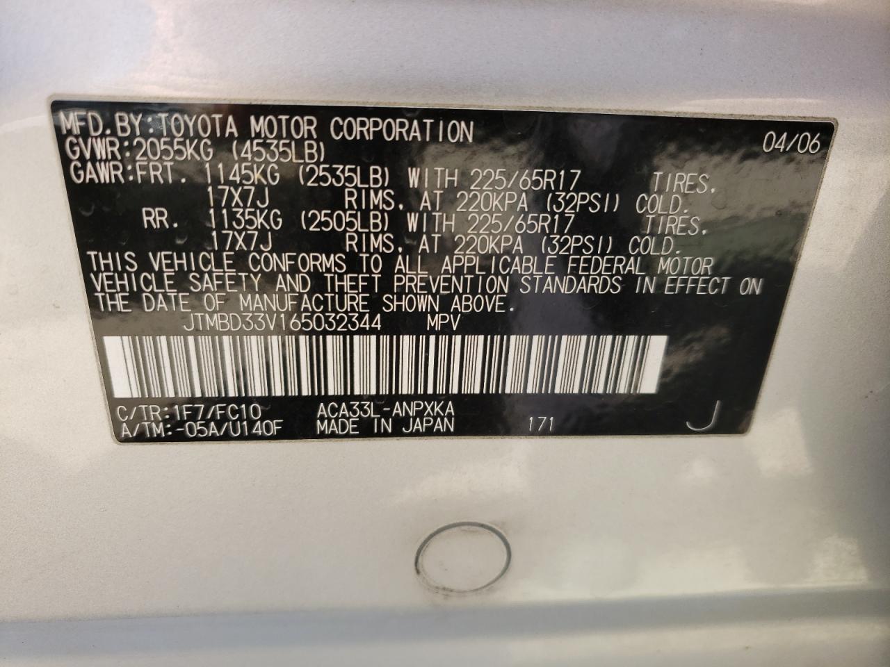 Photo 10 from auction – 2006 TOYOTA RAV4 with VIN JTMBD33V165032344