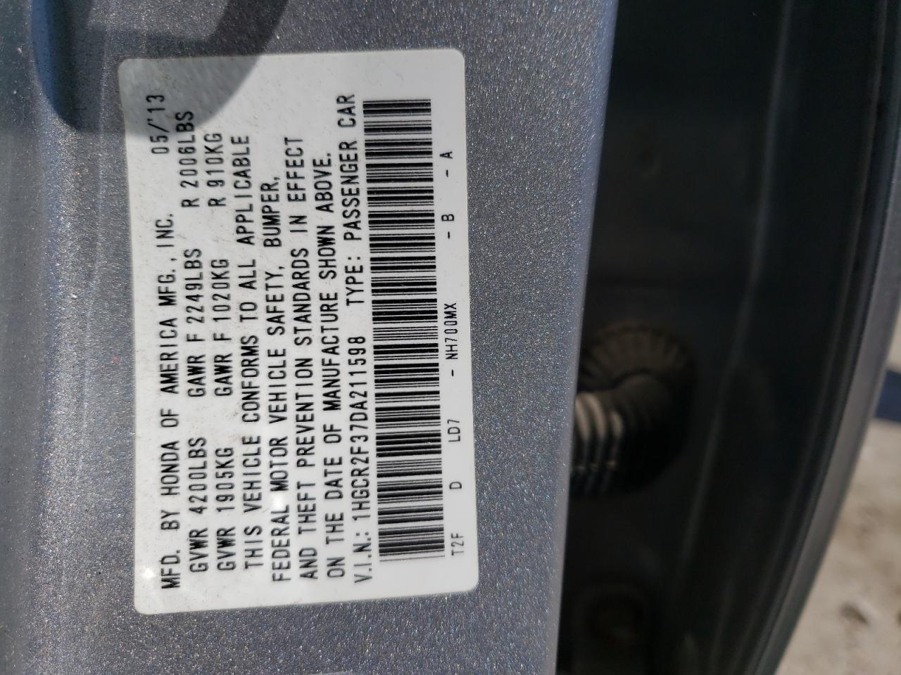 Photo 10 from auction – 2013 HONDA ACCORD LX with VIN 1HGCR2F37DA211598