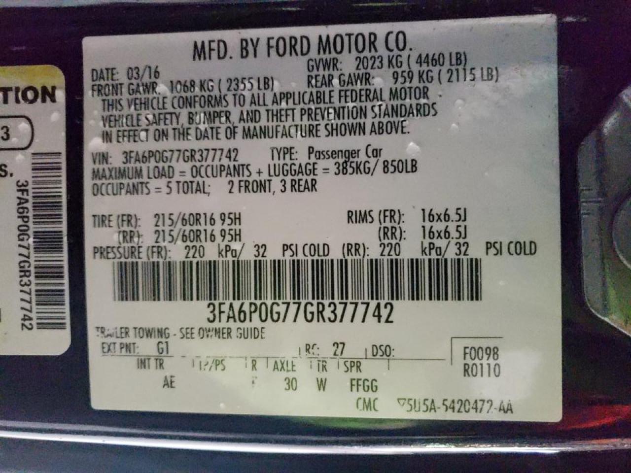 Photo 10 from auction – 2016 FORD FUSION S with VIN 3FA6P0G77GR377742